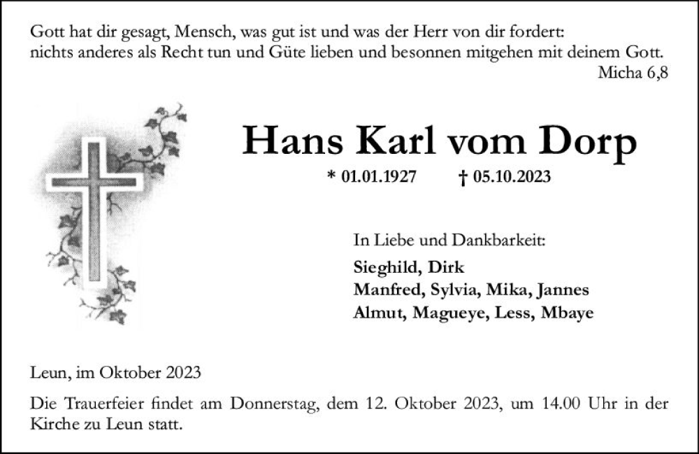  Traueranzeige für Hans Karl vom Dorp vom 09.10.2023 aus Wetzlarer Neue Zeitung