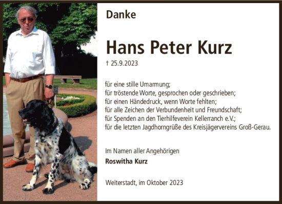 Traueranzeige von Hans Peter Kurz von Darmstädter Echo