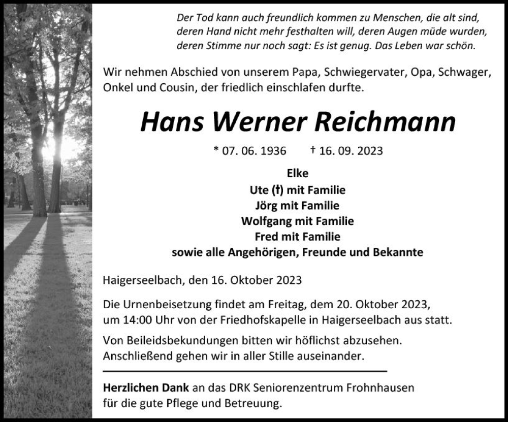  Traueranzeige für Hans Werner Reichmann vom 16.10.2023 aus Dill Block