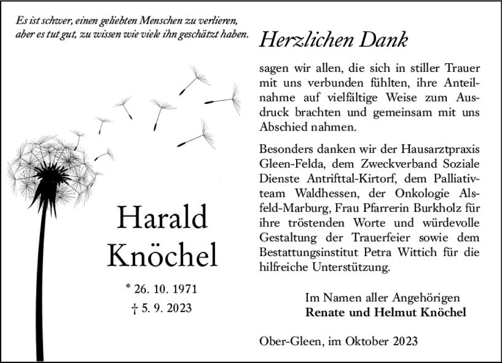  Traueranzeige für Harald Knöchel vom 14.10.2023 aus Oberhessen Kurier