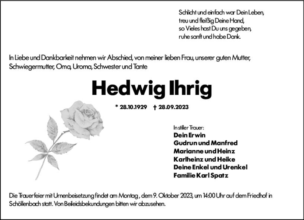  Traueranzeige für Hedwig Ihrig vom 07.10.2023 aus Odenwälder Echo