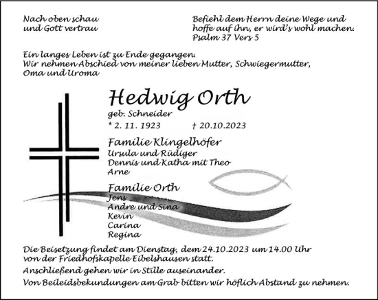 Traueranzeige von Hedwig Orth von Dill Block