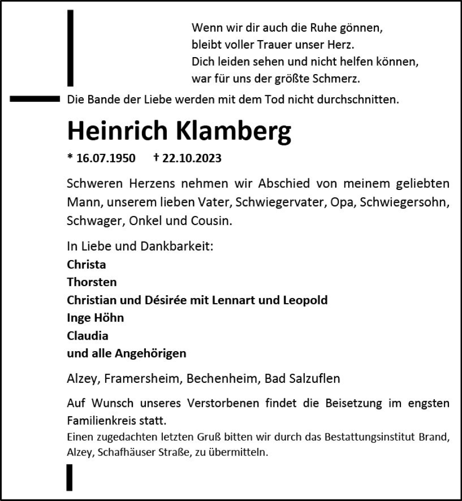  Traueranzeige für Heinrich Klamberg vom 28.10.2023 aus Allgemeine Zeitung Alzey