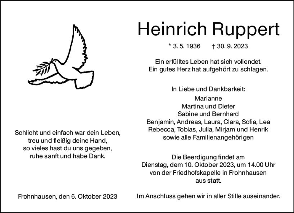  Traueranzeige für Heinrich Ruppert vom 06.10.2023 aus Hinterländer Anzeiger