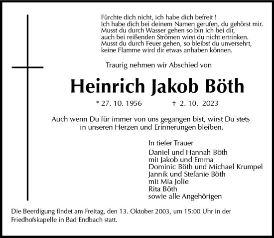Traueranzeige von Heinrich Jakob Böth von Hinterländer Anzeiger