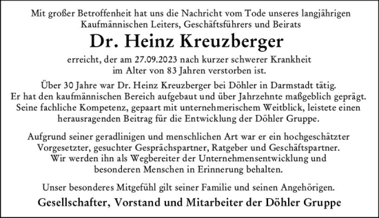 Traueranzeige von Heinz Kreuzberger von Darmstädter Echo