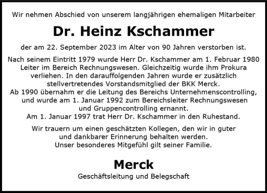 Traueranzeige von Heinz Kschammer von Darmstädter Echo