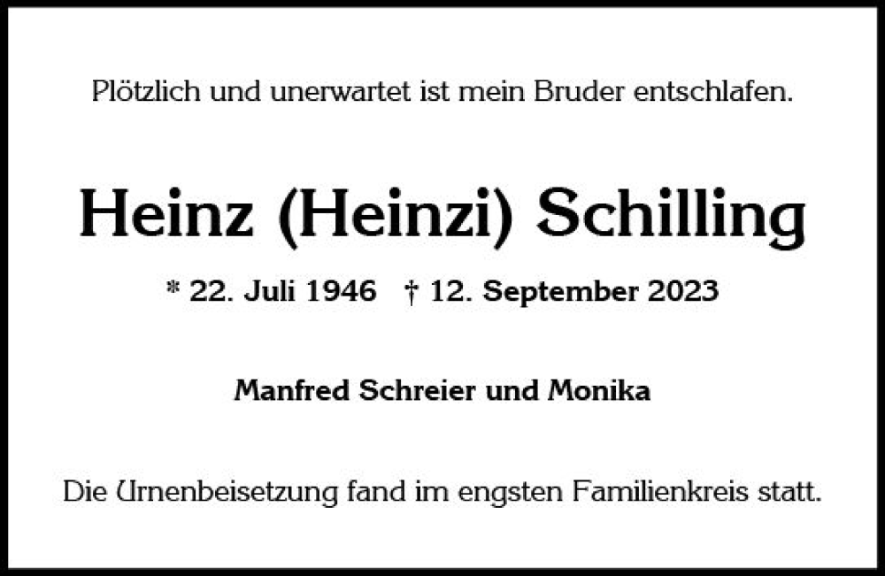  Traueranzeige für Heinz Schilling vom 28.10.2023 aus Wiesbadener Kurier