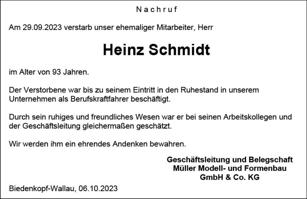  Traueranzeige für Heinz Schmidt vom 06.10.2023 aus Hinterländer Anzeiger