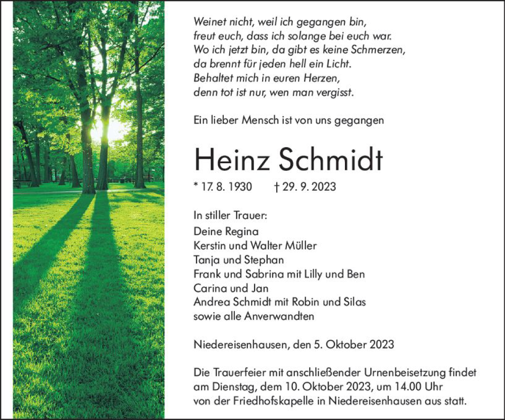  Traueranzeige für Heinz Schmidt vom 05.10.2023 aus Hinterländer Anzeiger