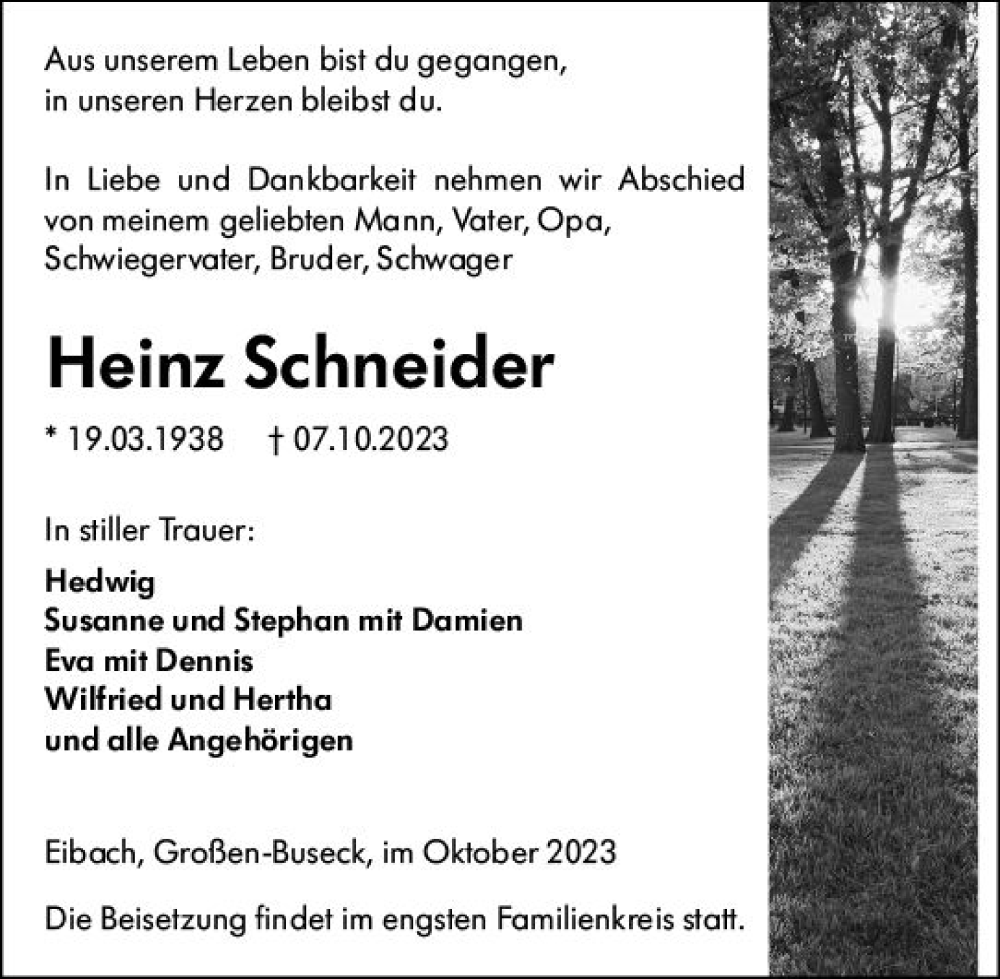  Traueranzeige für Heinz Schneider vom 13.10.2023 aus Dill Block