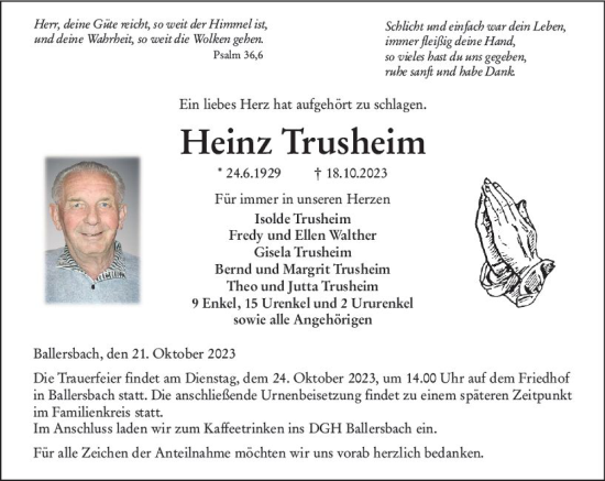 Traueranzeige von Heinz Trusheim von Dill Block
