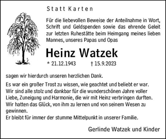 Traueranzeige von Heinz Watzek von Hinterländer Anzeiger
