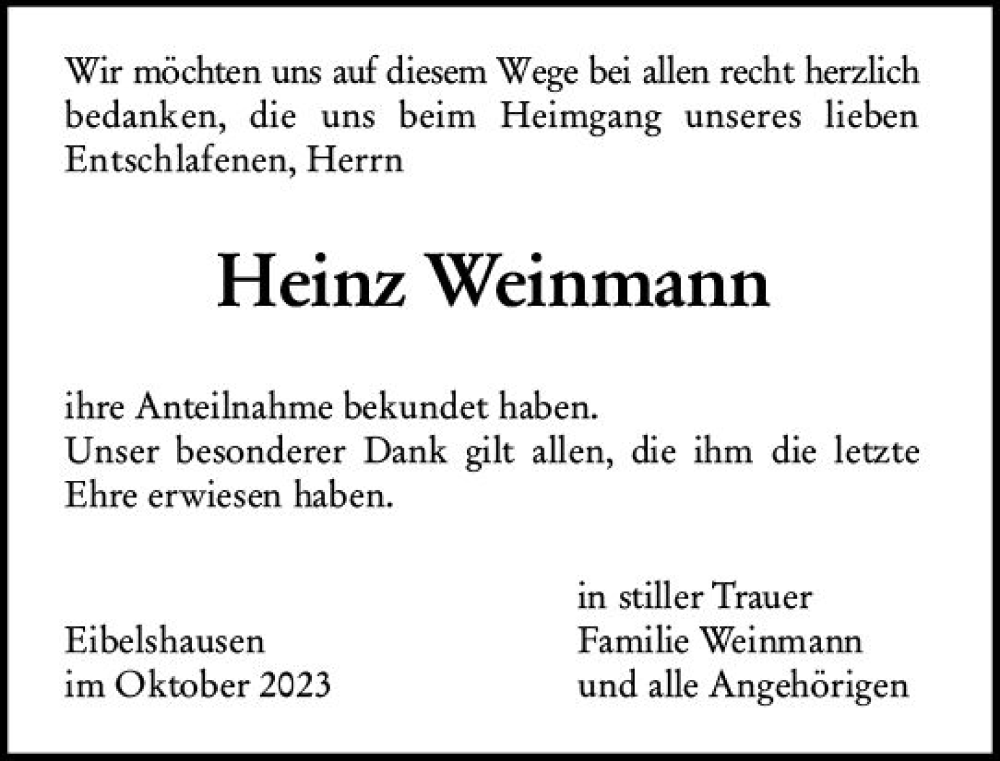 Traueranzeige für Heinz Weinmann vom 28.10.2023 aus Dill Block
