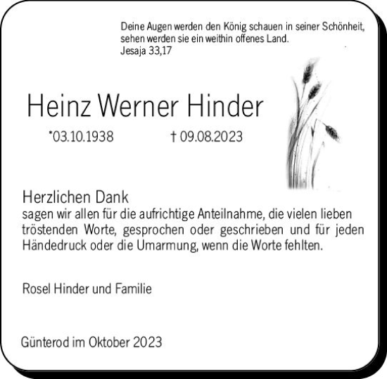 Traueranzeige von Heinz Werner Hinder von Hinterländer Anzeiger