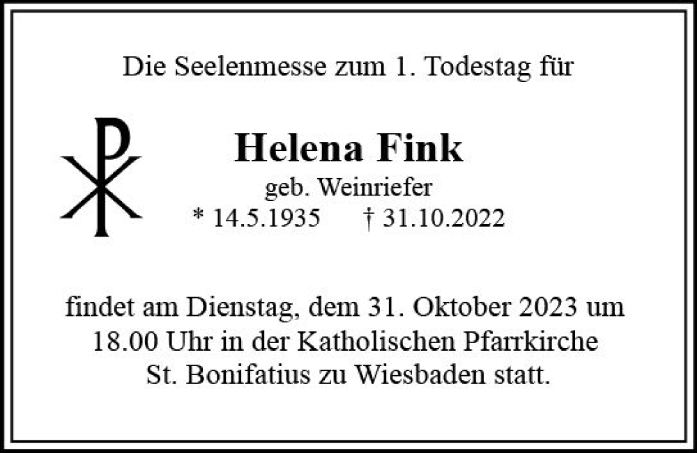  Traueranzeige für Helena Fink vom 31.10.2023 aus Wiesbadener Kurier