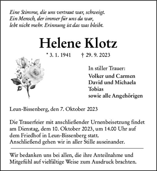 Traueranzeige von Helene Klotz von Wetzlarer Neue Zeitung