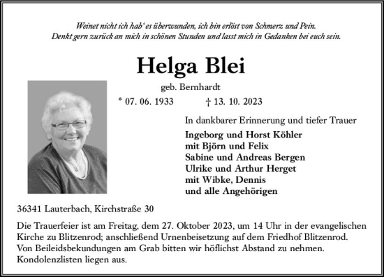 Traueranzeige von Helga Blei von VRM Trauer
