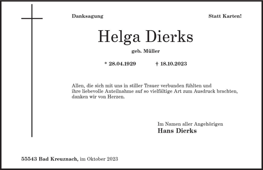  Traueranzeige für Helga Dierks vom 28.10.2023 aus Allgemeine Zeitung Bad Kreuznach