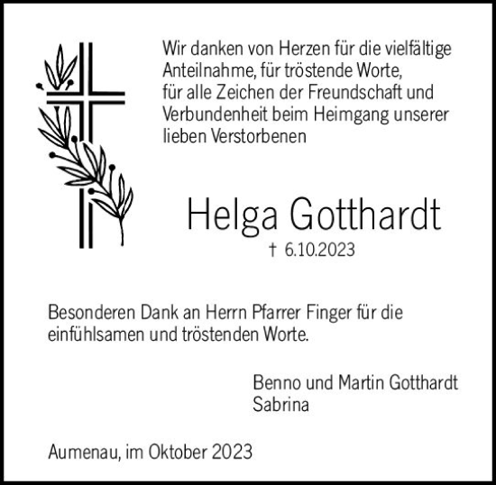 Traueranzeige von Helga Gotthardt von Weilburger Tageblatt