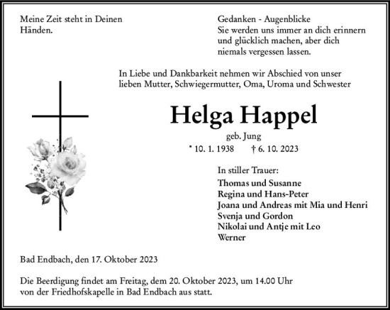 Traueranzeige von Helga Happel von Hinterländer Anzeiger
