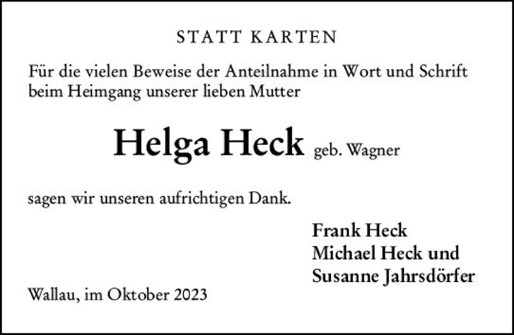 Traueranzeige für Helga Heck vom 20.10.2023 aus Hinterländer Anzeiger