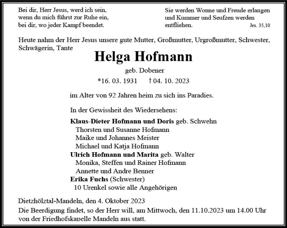 Traueranzeige für Helga Hofmann vom 09.10.2023 aus Dill Block