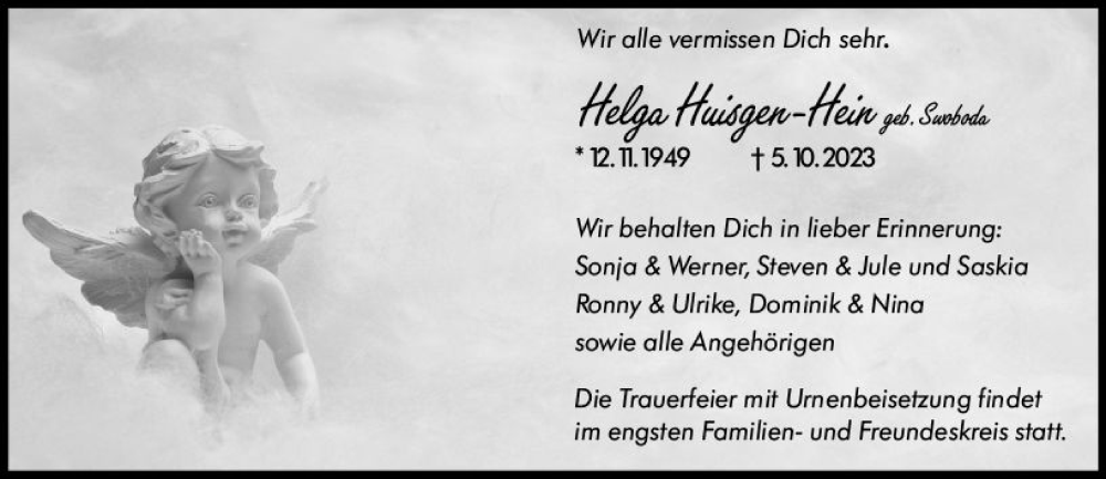  Traueranzeige für Helga Huisgen-Hein vom 17.10.2023 aus Wetzlarer Neue Zeitung