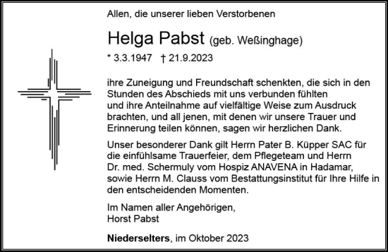 Traueranzeige von Helga Pabst von Camberger Anzeiger