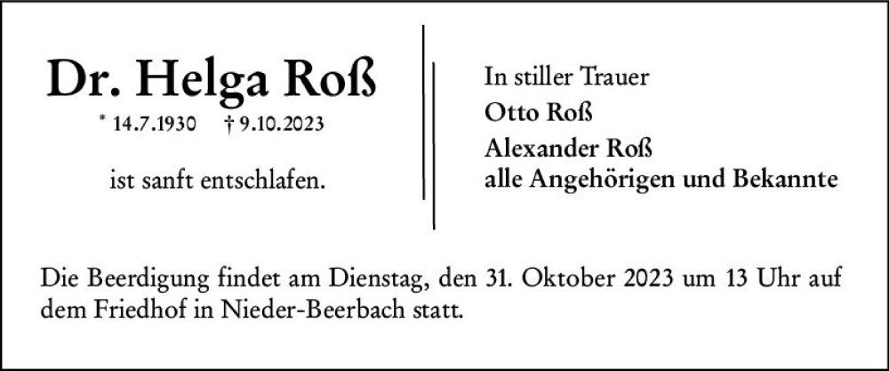  Traueranzeige für Helga Roß vom 28.10.2023 aus Darmstädter Echo