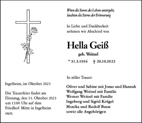 Traueranzeige von Hella Geiß von Allgemeine Zeitung Bingen/Ingelheim