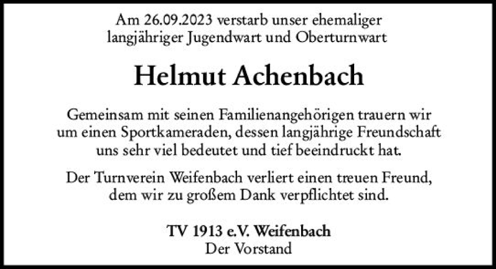  Traueranzeige für Helmut Achenbach vom 04.10.2023 aus Hinterländer Anzeiger