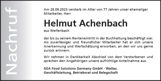Traueranzeige von Helmut Achenbach von Hinterländer Anzeiger