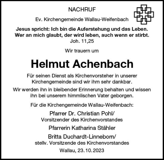 Traueranzeige von Helmut Achenbach von Hinterländer Anzeiger