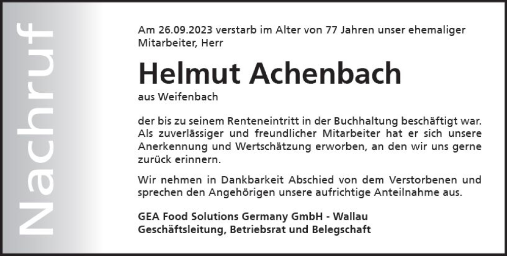  Traueranzeige für Helmut Achenbach vom 04.10.2023 aus Hinterländer Anzeiger