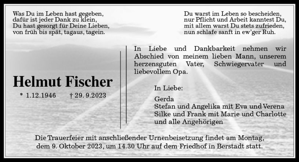  Traueranzeige für Helmut Fischer vom 07.10.2023 aus VRM Trauer