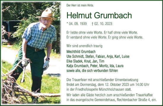 Traueranzeige von Helmut Grumbach von Wetzlarer Neue Zeitung