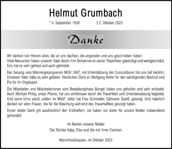 Traueranzeige von Helmut Grumbach von Wetzlarer Neue Zeitung