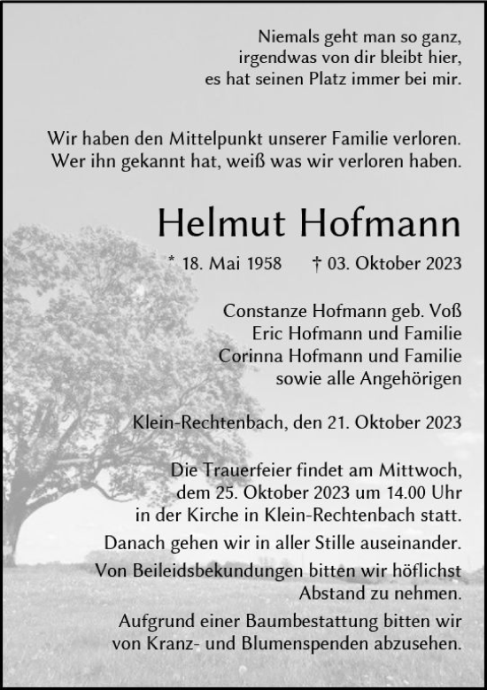 Traueranzeige von Helmut Hofmann von Wetzlarer Neue Zeitung