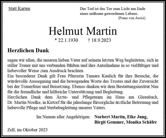 Traueranzeige von Helmut Martin von Oberhessen Kurier
