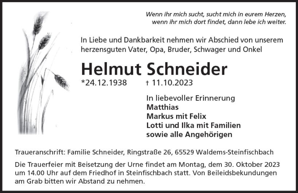  Traueranzeige für Helmut Schneider vom 26.10.2023 aus Camberger Anzeiger