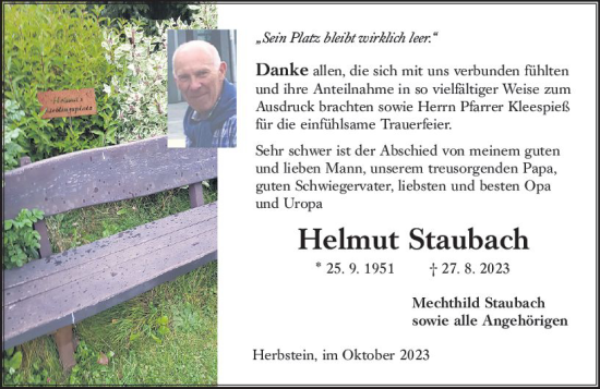 Traueranzeige von Helmut Staubach von Oberhessen Kurier