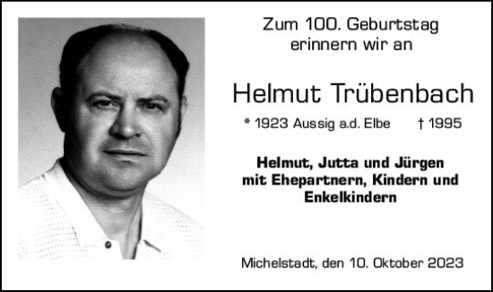 Traueranzeige von Helmut Trübenbach von Odenwälder Echo