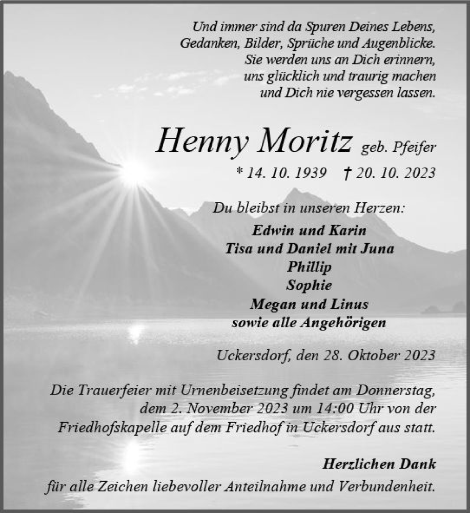  Traueranzeige für Henny Moritz vom 28.10.2023 aus Dill Block