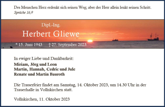 Traueranzeige von Herbert Gliewe von Wetzlarer Neue Zeitung