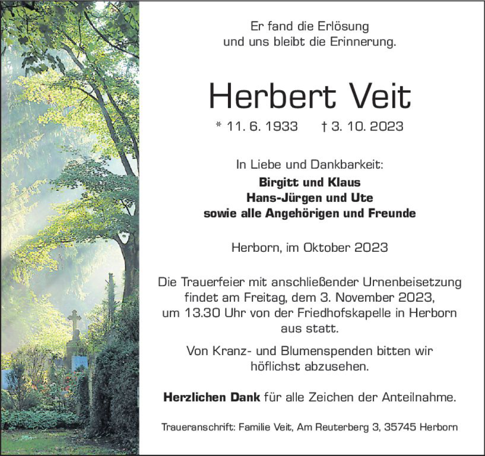  Traueranzeige für Herbert Veit vom 30.10.2023 aus Dill Block