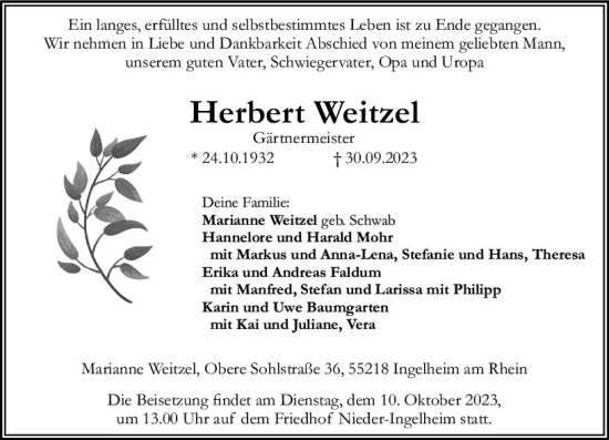 Traueranzeige von Herbert Weitzel von Allgemeine Zeitung Bingen/Ingelheim