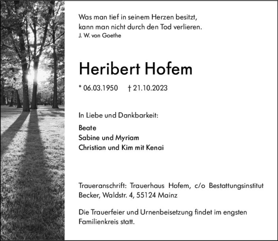 Traueranzeige von Heribert Hofem von Allgemeine Zeitung Mainz
