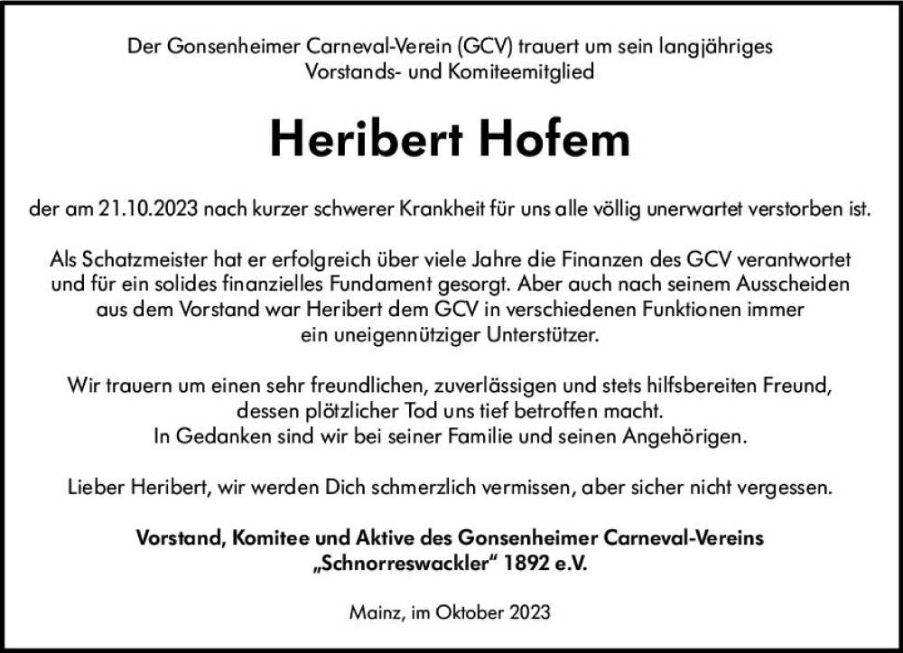  Traueranzeige für Heribert Hofem vom 28.10.2023 aus Allgemeine Zeitung Mainz