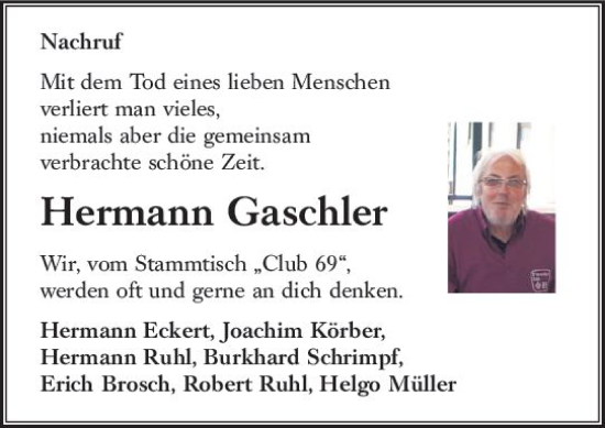 Traueranzeige von Hermann Gaschler von VRM Trauer